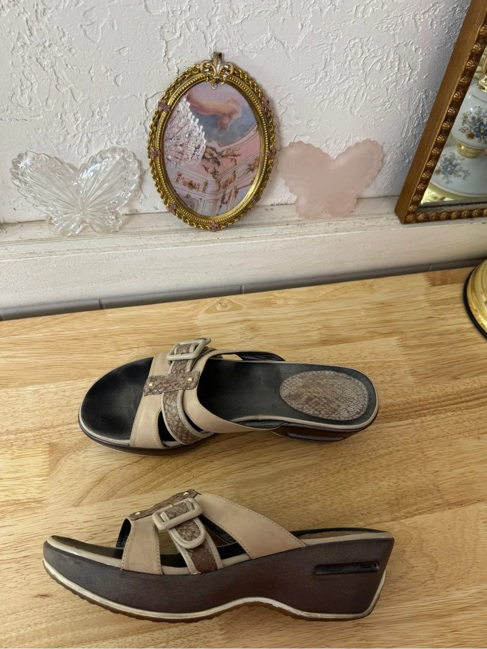 2000’s Cole Haan Y2K Platform Wedge Slide Sandals Beige Brown Leather Size 7